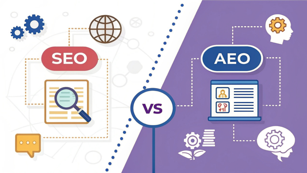 Infografica comparativa SEO tradizionale vs AEO Answer Engine Optimization - Differenze chiave