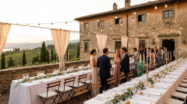 Sito web per wedding planner Location matrimonio luxury in Italia - villa elegante con illuminazione romantica per destination wedding - Marketing Wedding Planner