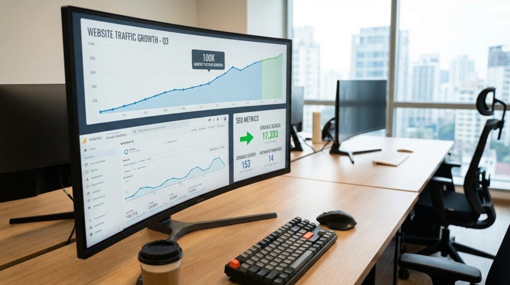 Dashboard Google Analytics con grafico crescita traffico organico 100.000 visite mensili