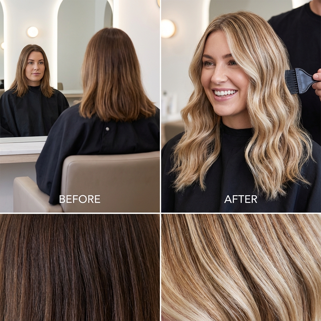 Prima e dopo trasformazione capelli balayage biondo professionale