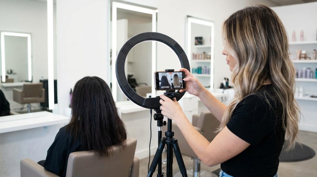 Parrucchiere crea contenuto video TikTok Instagram con ring light professionale