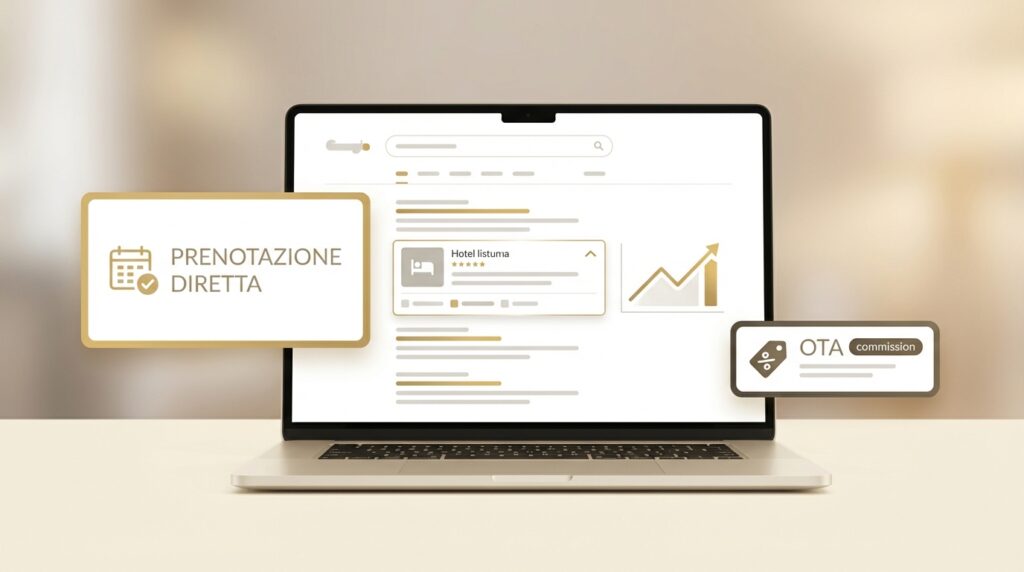 Sito web per studio legale Illustrazione SEO per hotel con SERP Google e crescita delle prenotazioni dirette rispetto alle OTA