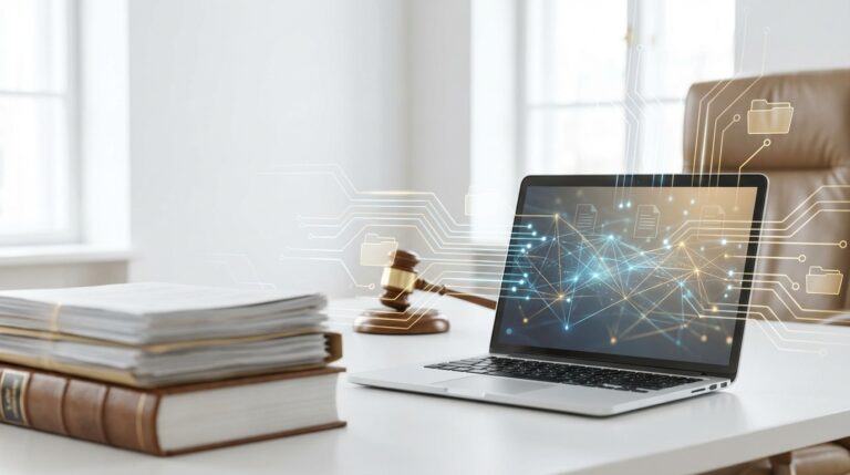 Scrivania di studio legale con laptop e overlay di AI per ricerca e revisione documentale
