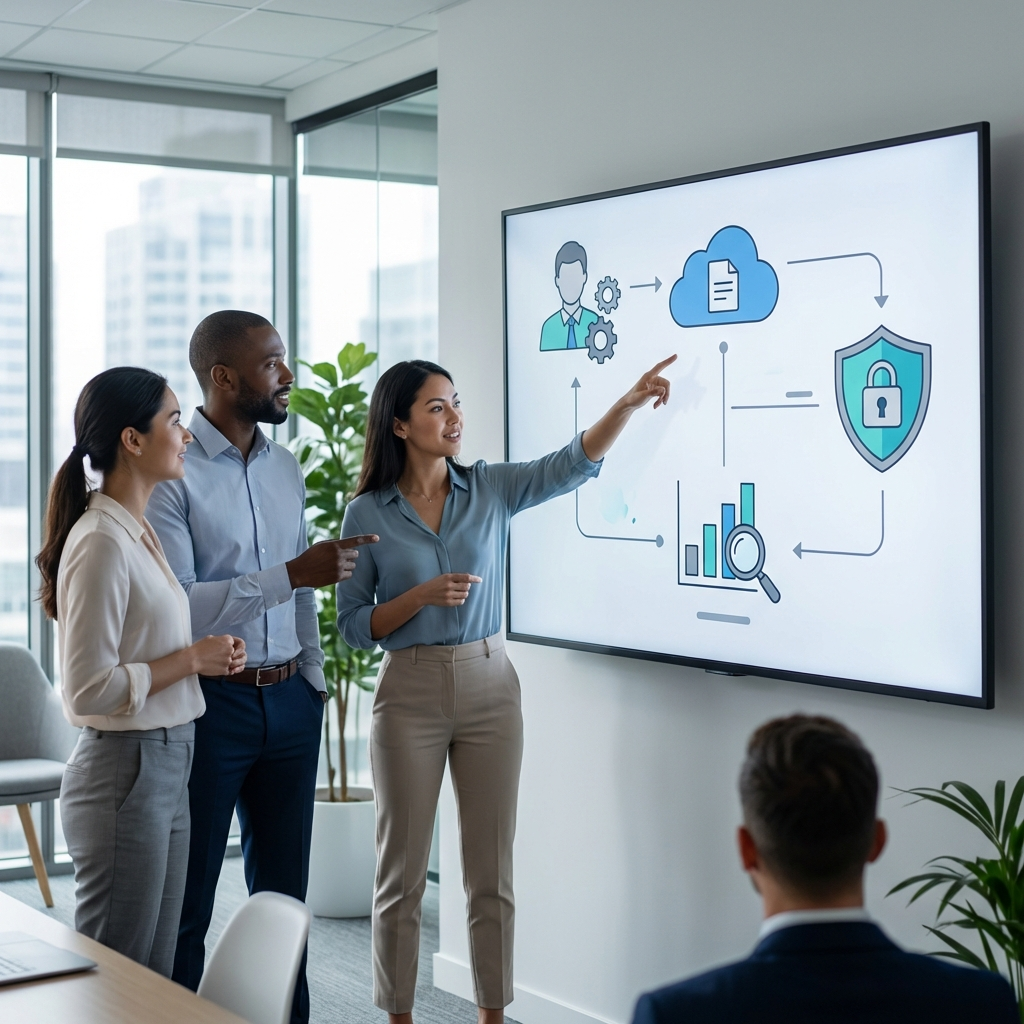 Illustrazione PMI che avvia la digitalizzazione con roadmap 30/60/90 giorni e KPI su dashboard
