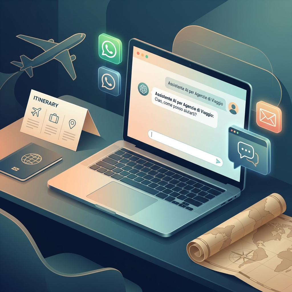 Assistente AI per agenzie di viaggio su laptop con canali WhatsApp, email e chat per preventivi rapidi