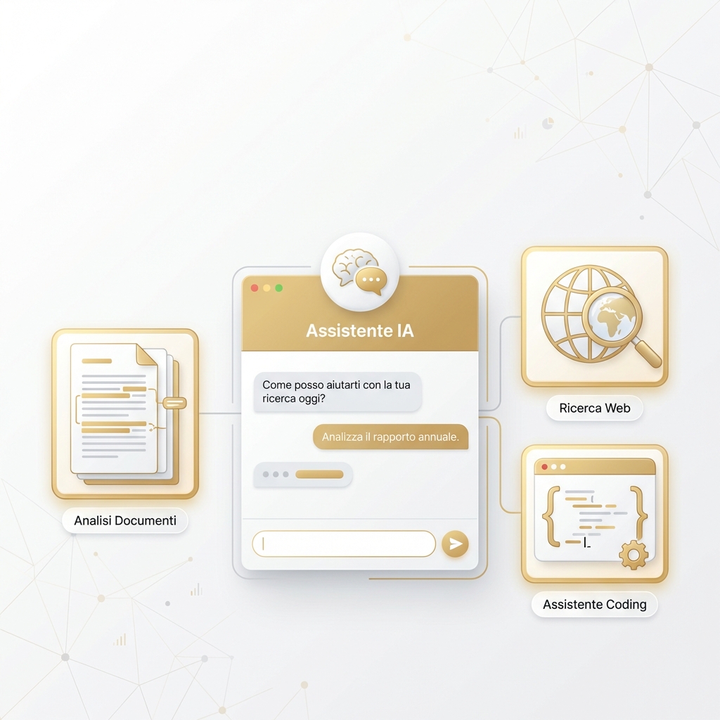 Illustrazione di assistente AI con analisi documenti, ricerca web e supporto coding