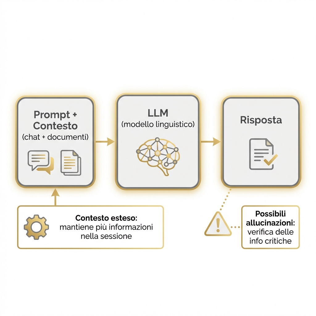 Schema LLM: prompt e contesto esteso generano risposta con avviso su possibili allucinazioni