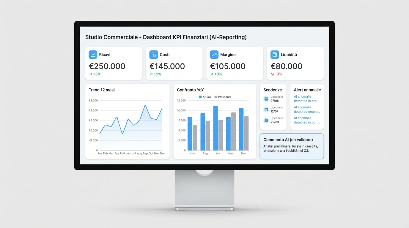 Dashboard KPI con report automatici e trend 12 mesi per consulenza del commercialista