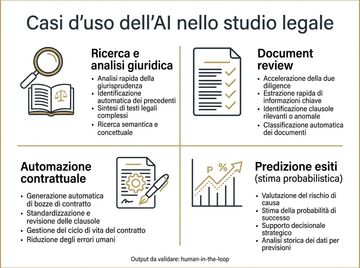 Infografica con 4 casi d’uso AI per avvocati: ricerca, document review, contratti, predizione esiti