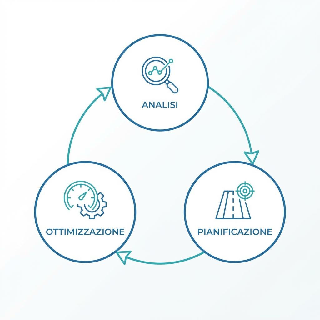 Infografica con i 3 pilastri del consulente digital marketing: analisi, pianificazione, ottimizzazione