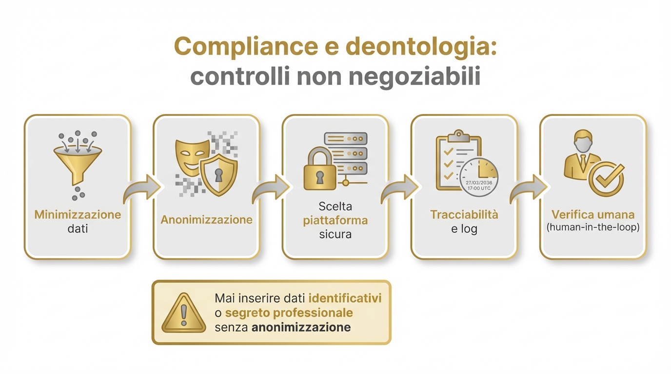 Diagramma dei controlli: minimizzazione, anonimizzazione, sicurezza, log e verifica umana degli output AI
