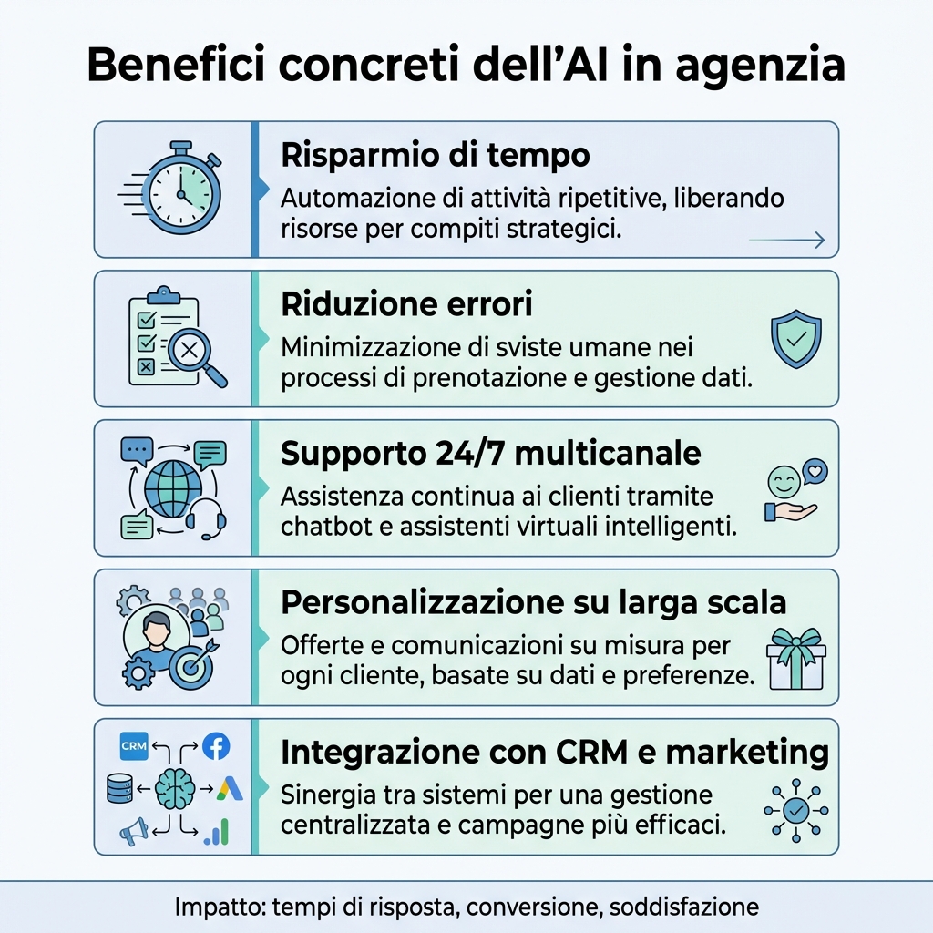Infografica sui benefici dell’AI in agenzia viaggi: tempo, errori, 24/7, personalizzazione e CRM