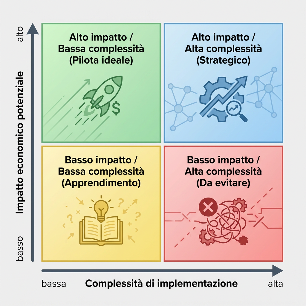 Matrice 2x2 impatto economico e complessità per scegliere i casi d’uso AI a priorità