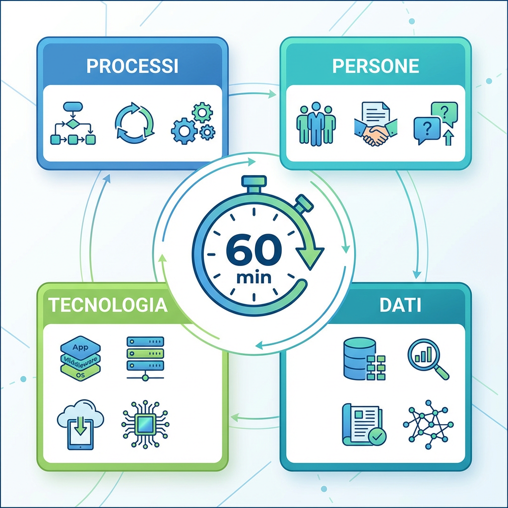 Schema mini-audit 60 minuti per digitalizzazione: processi, persone, tecnologia e dati