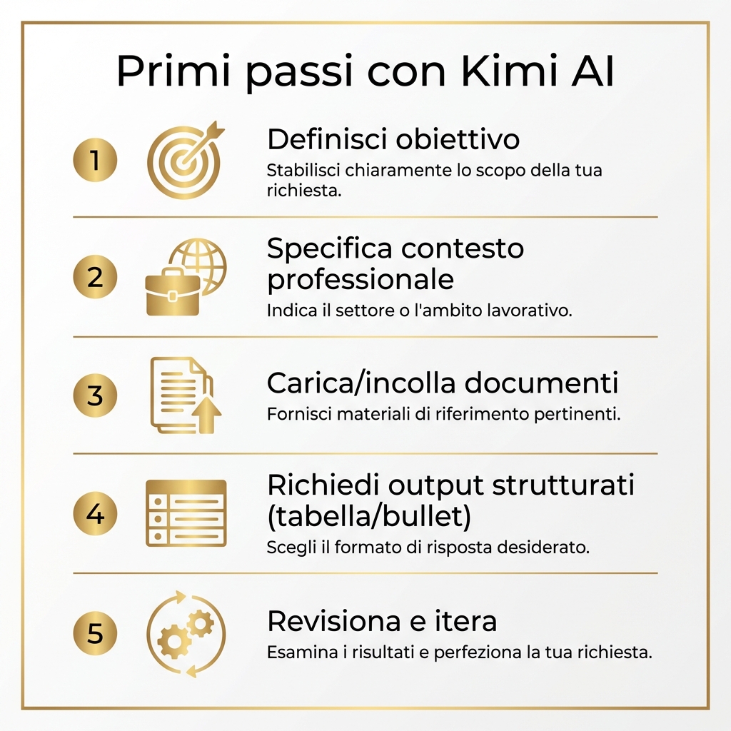 Checklist primi passi con Kimi AI: obiettivo, contesto, documenti, output strutturati, revisione