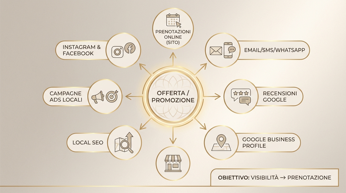 Schema canali per promuovere offerte: social, prenotazioni online, recensioni e Local SEO