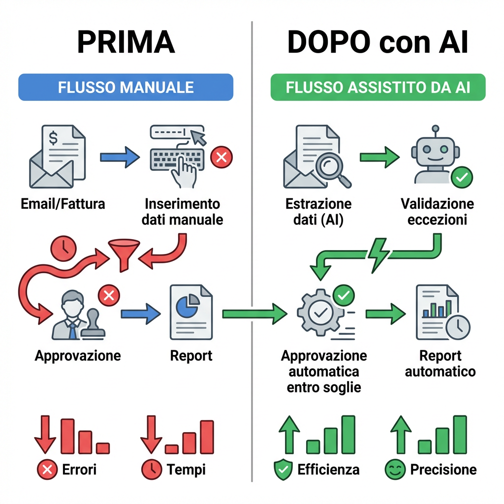 Schema prima e dopo: automazione con AI di inserimento dati, approvazioni e report per ridurre tempi ed errori