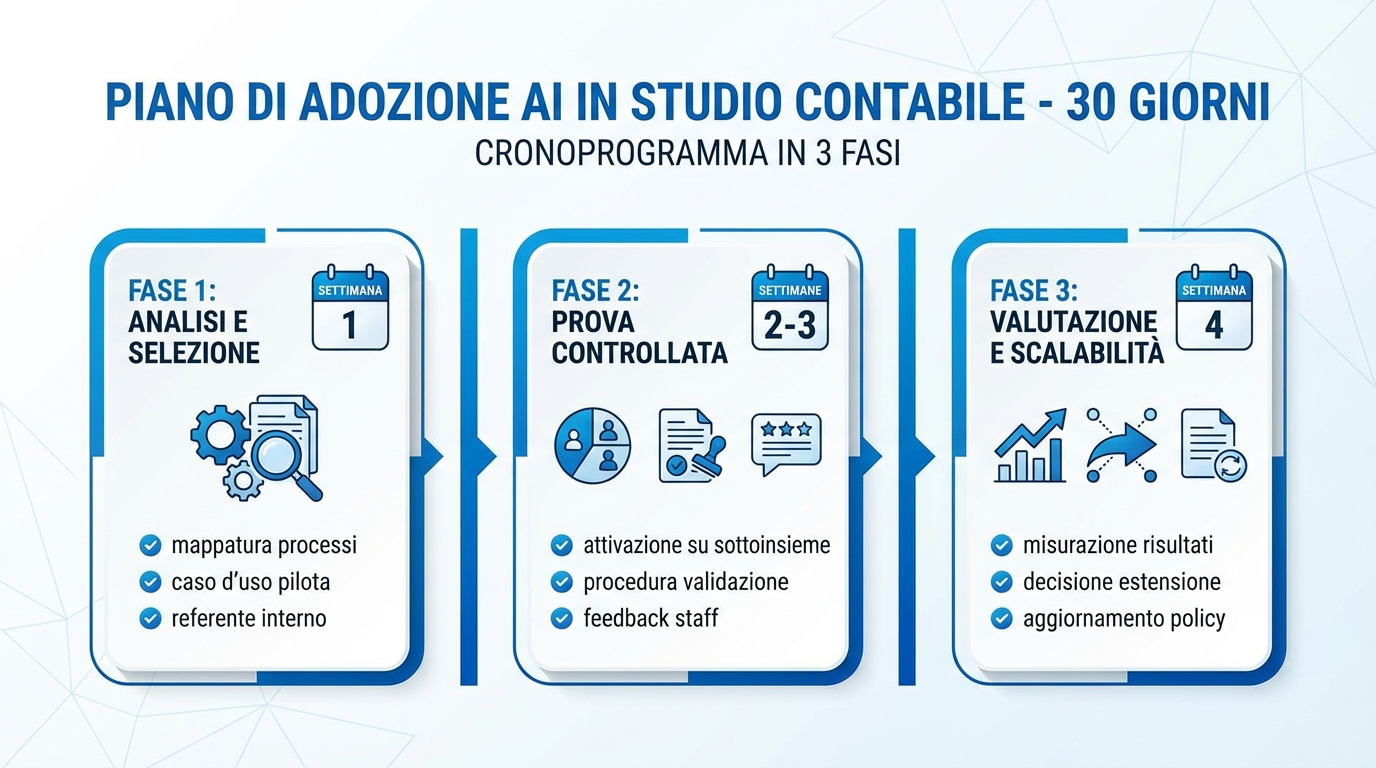 Timeline piano di adozione AI in 30 giorni per studio commercialista: analisi, prova controllata e scalabilità