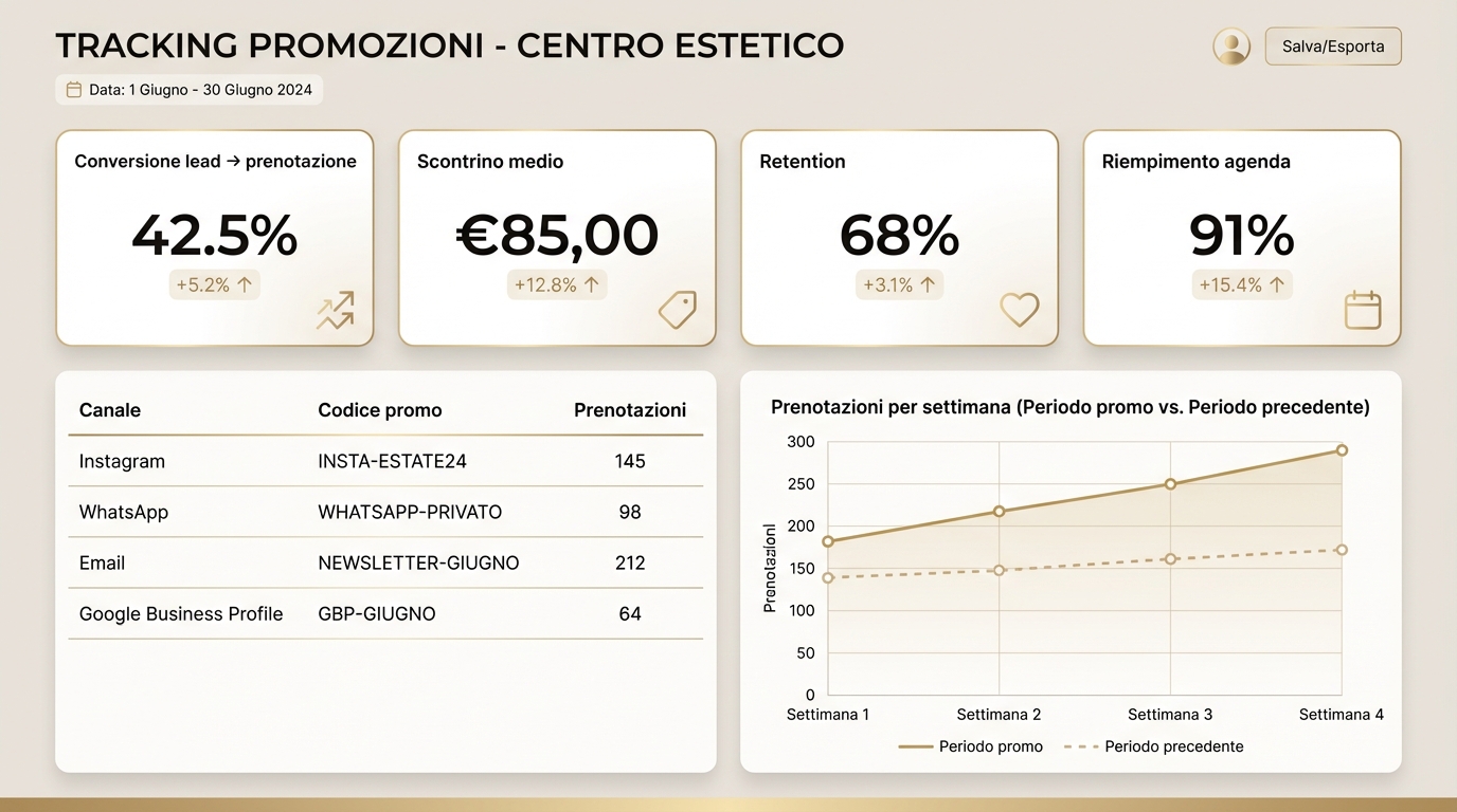 Dashboard KPI per misurare promozioni centro estetico: conversioni, scontrino medio, retention e agenda