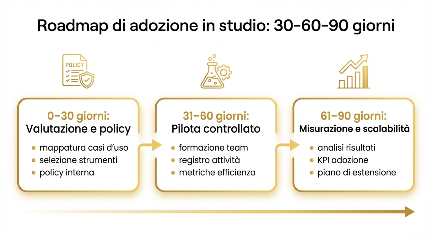 Roadmap 30-60-90 giorni per adottare l’AI nello studio legale con policy, pilota e KPI
