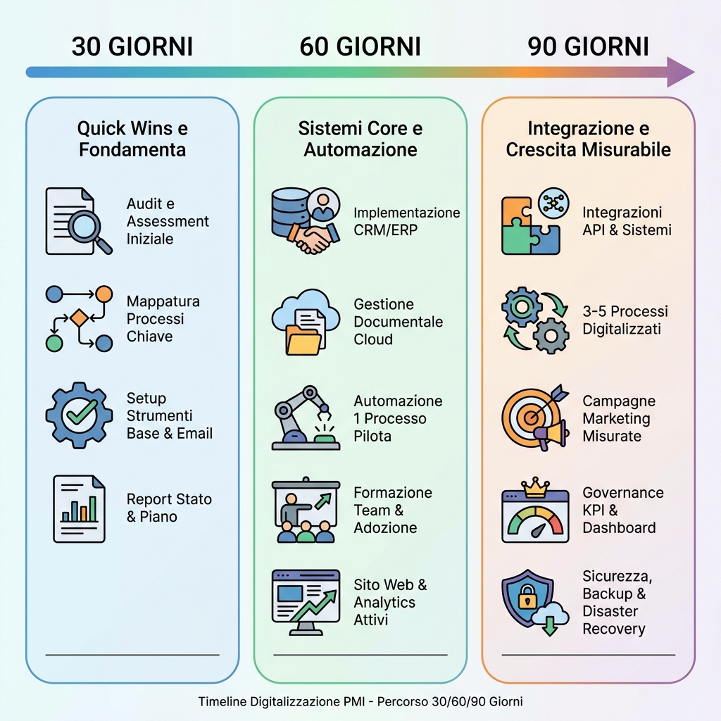 Roadmap digitalizzazione PMI 30/60/90 giorni con deliverable e matrice impatto vs sforzo
