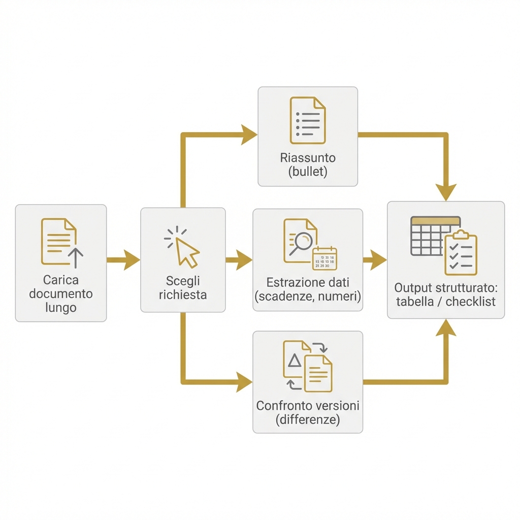 Workflow analisi documenti con Kimi AI: riassunto, estrazione dati e confronto versioni
