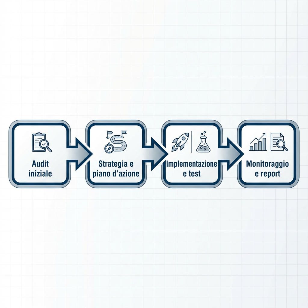 Fasi della consulenza digital marketing: audit, strategia, implementazione e monitoraggio con report