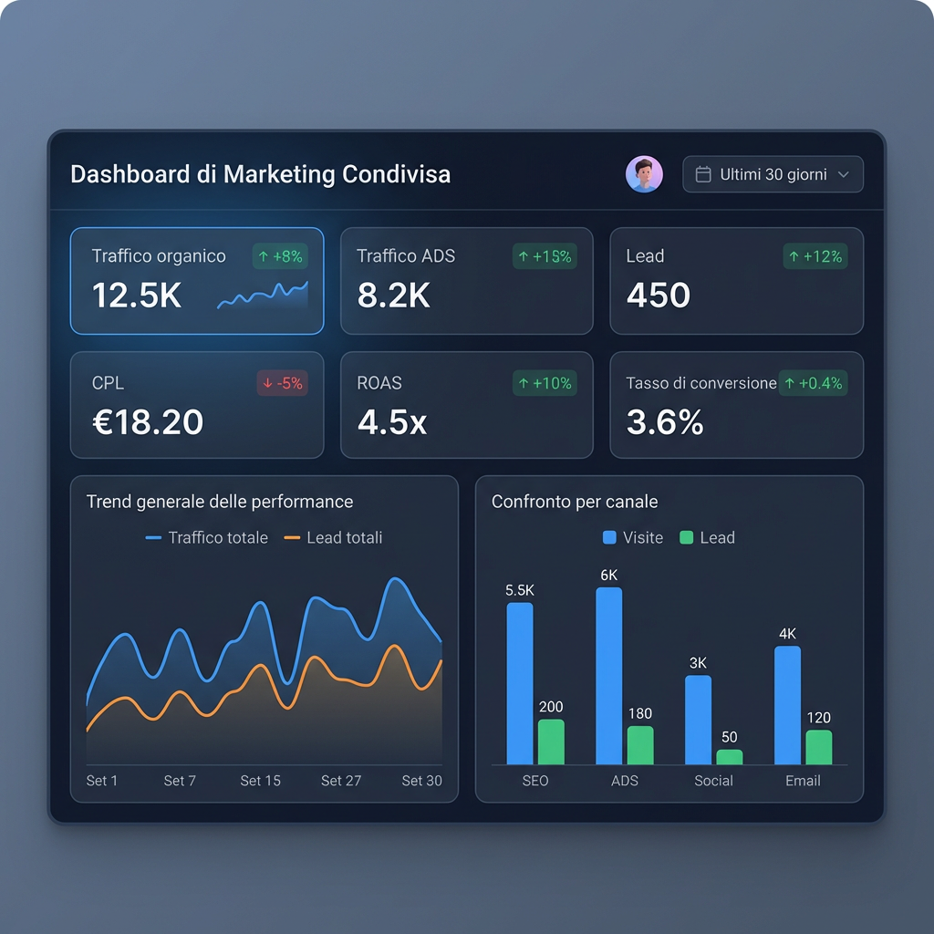 Dashboard KPI marketing digitale con traffico, lead, CPL, ROAS e trend per canale
