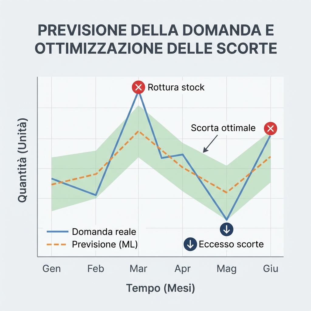 Grafico forecasting domanda con machine learning per ottimizzare scorte ed evitare rotture stock ed eccessi