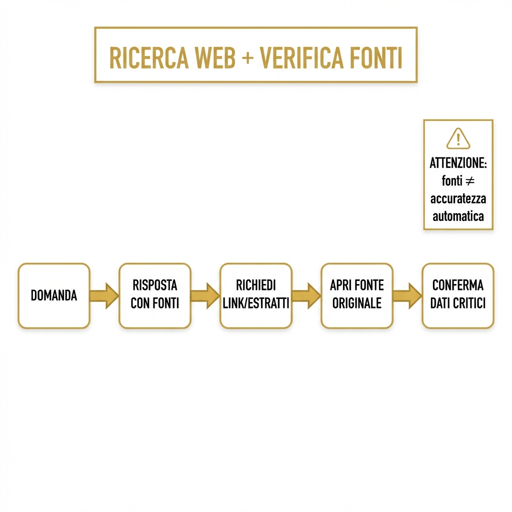 Processo di ricerca web con verifica fonti: link, estratti e controllo su pagine originali