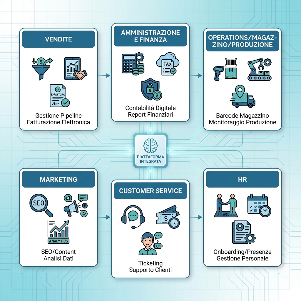 Infografica strumenti per digitalizzazione: CRM/ERP, documenti, collaboration, marketing automation e analytics con matrice scelta