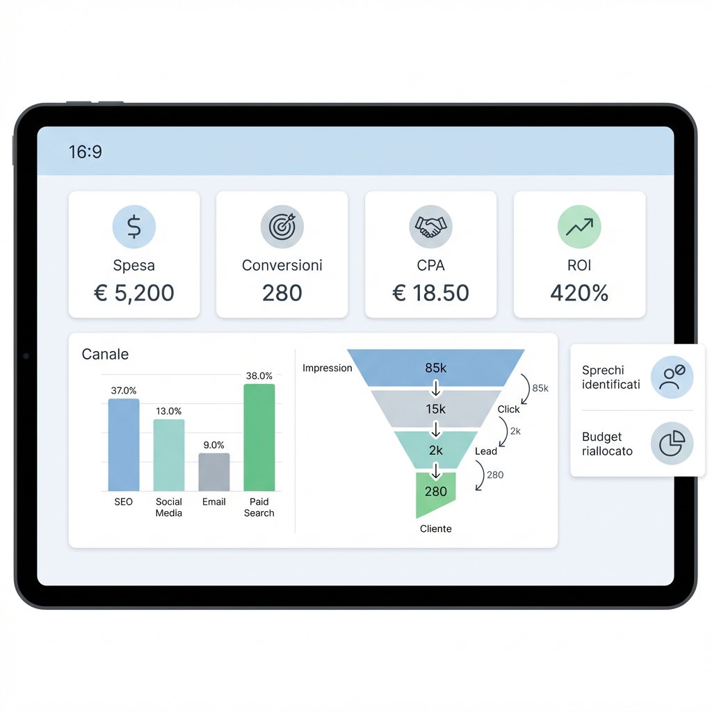 Dashboard marketing con AI per ridurre sprechi pubblicitari e ottimizzare budget, CPA e ROI