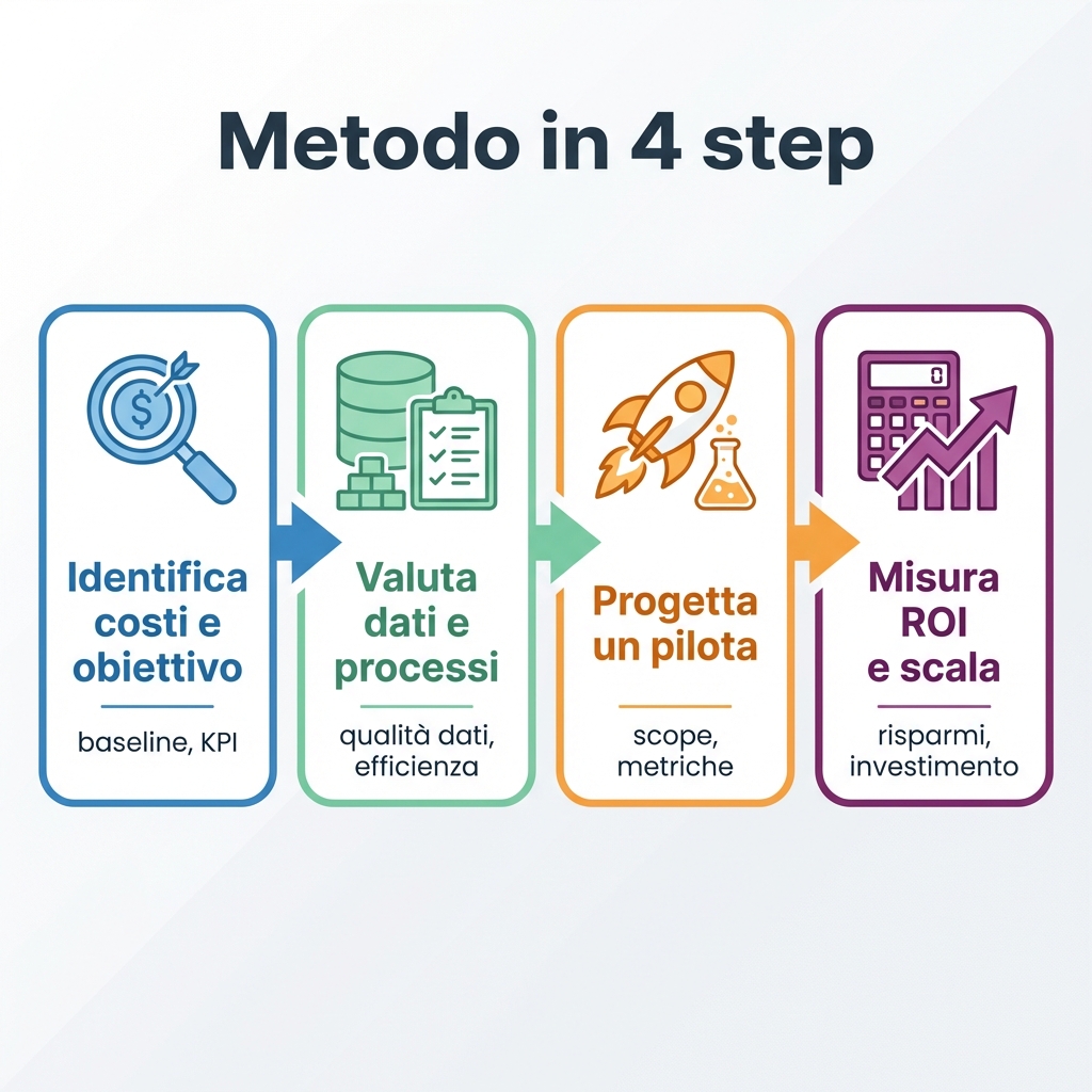 Infografica metodo in 4 step: costi e obiettivi, dati e processi, pilota, ROI e scaling con AI