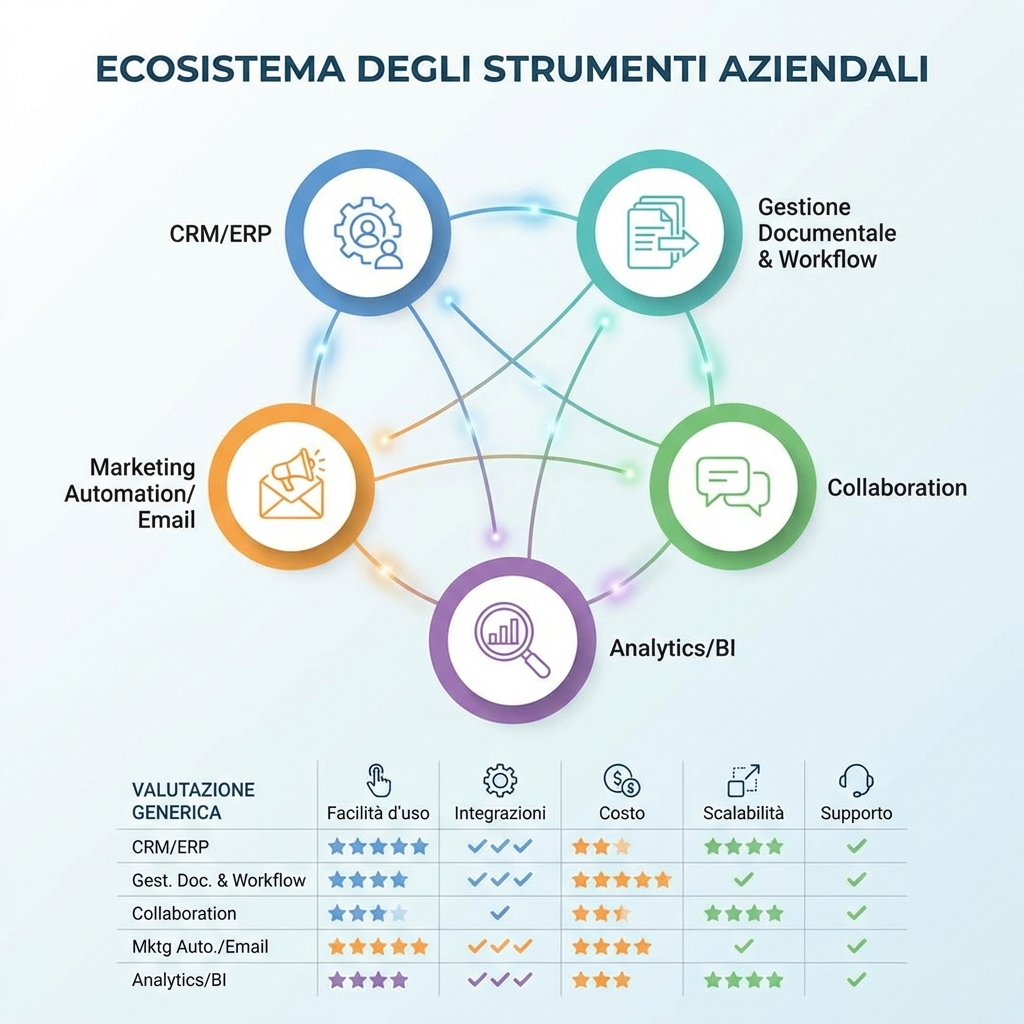 Illustrazione casi d’uso AI per PMI: chatbot, ricerca documenti, triage email, forecasting e personalizzazione marketing