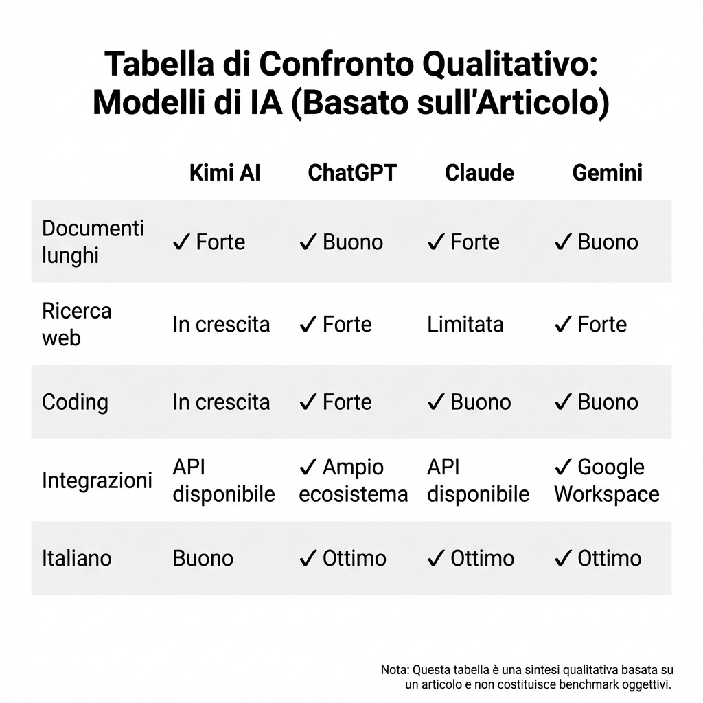 Tabella confronto Kimi AI vs ChatGPT vs Claude vs Gemini su documenti, web, coding, integrazioni e italiano