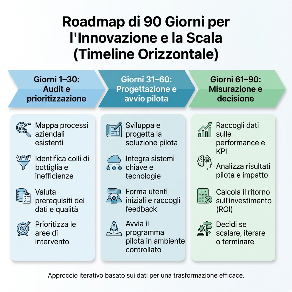 Timeline roadmap 90 giorni per ridurre i costi aziendali con l’AI: audit, pilota, misurazione ROI e scaling