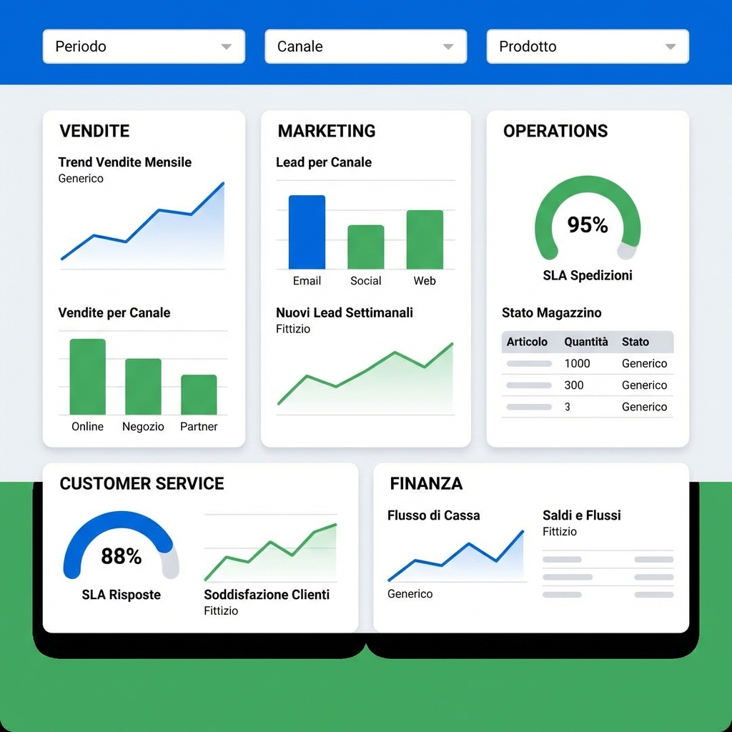 Dashboard KPI per digitalizzazione: vendite, marketing, operations e customer service con filtri e trend