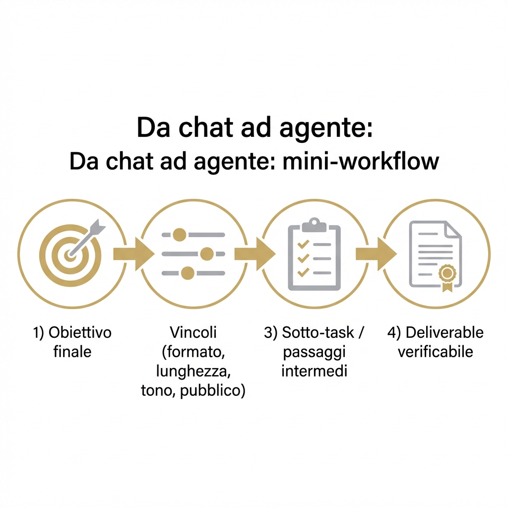 Mini-workflow agente-like: obiettivo, vincoli, sotto-task e deliverable verificabile